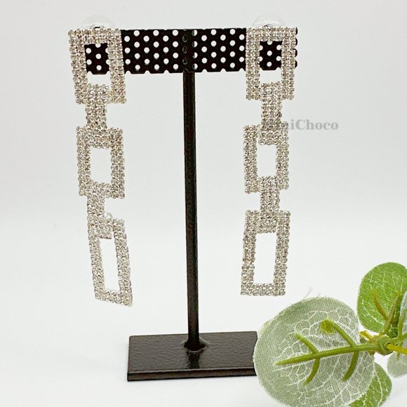Silver Tone Rhinestone Rectangle Chain Link Earrings - Picture 7 of 10